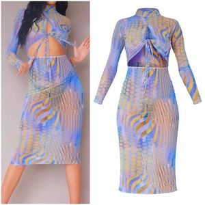 PrettyLittleThing Blue Texture Print Mesh Midi Dress Coverup Ruched Front Cutout